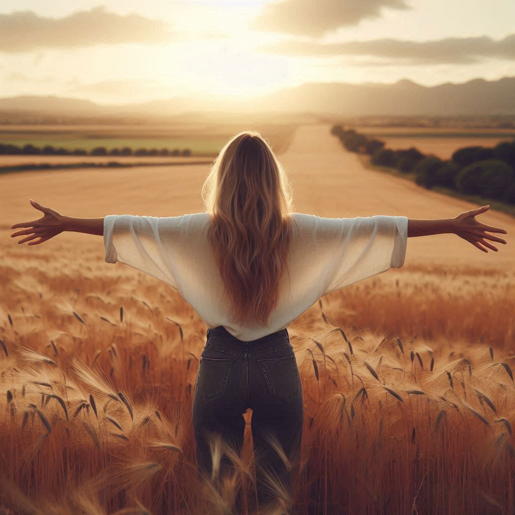 Uma mulher de braços abertos em um campo, representando liberdade e empoderamento.